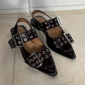 Ganni Burgundy Feminine Buckle Ballerina Flats